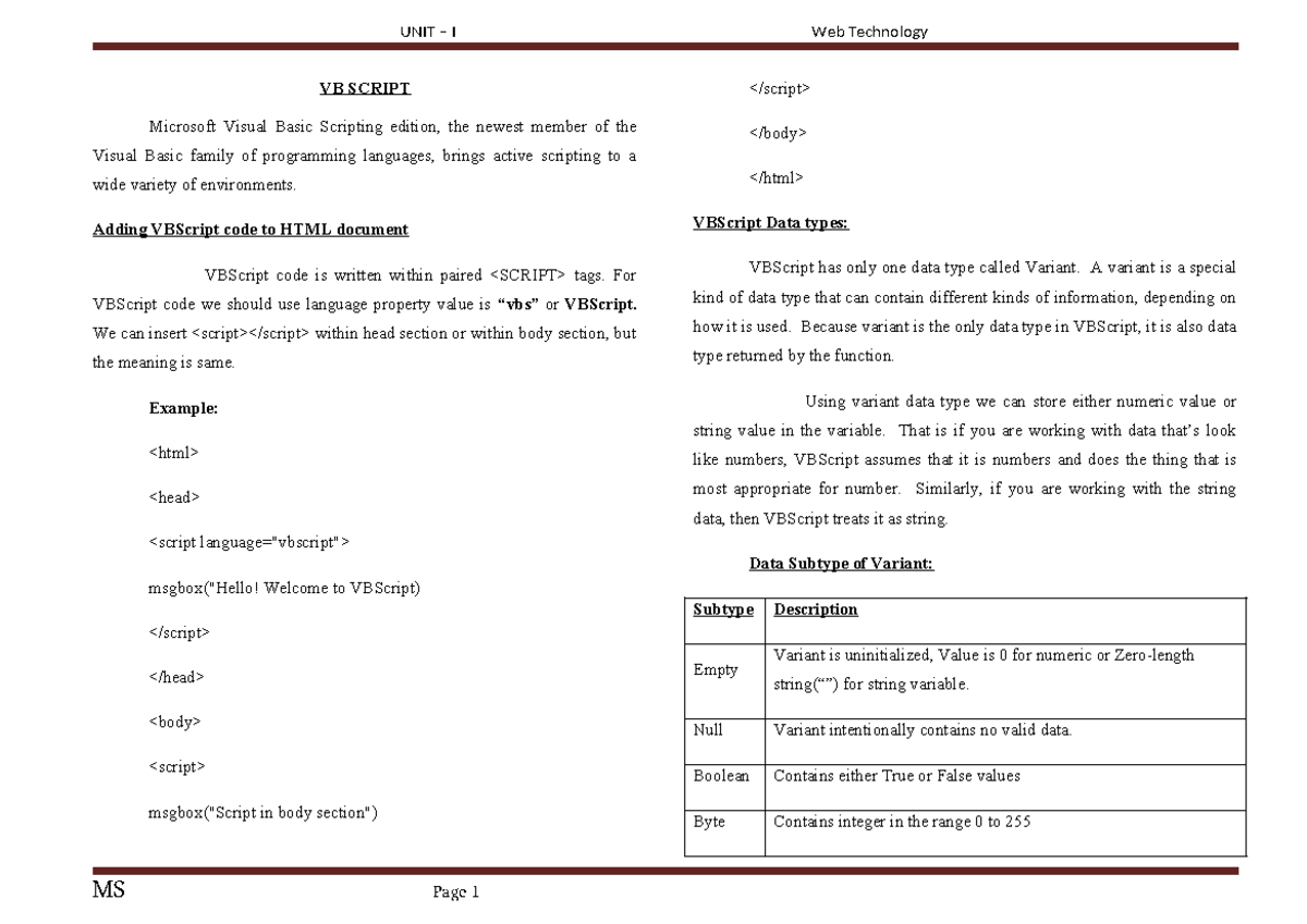 VBSC101 - Unit I: Introduction to VBScript and Its Key Concepts - Studocu
