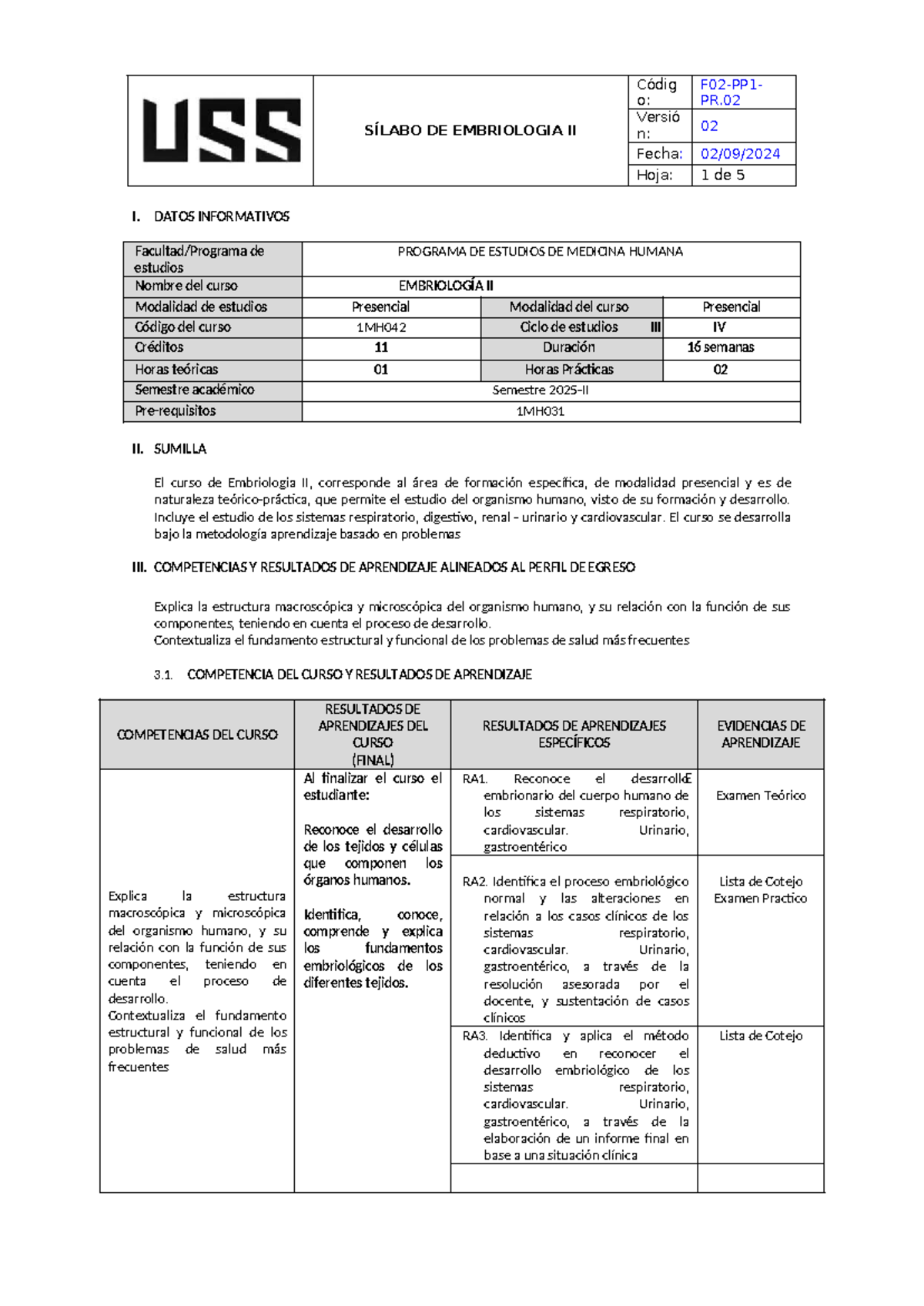 Sílabo de Embriología II - 1MH042 - Medicina Humana - Document Preview