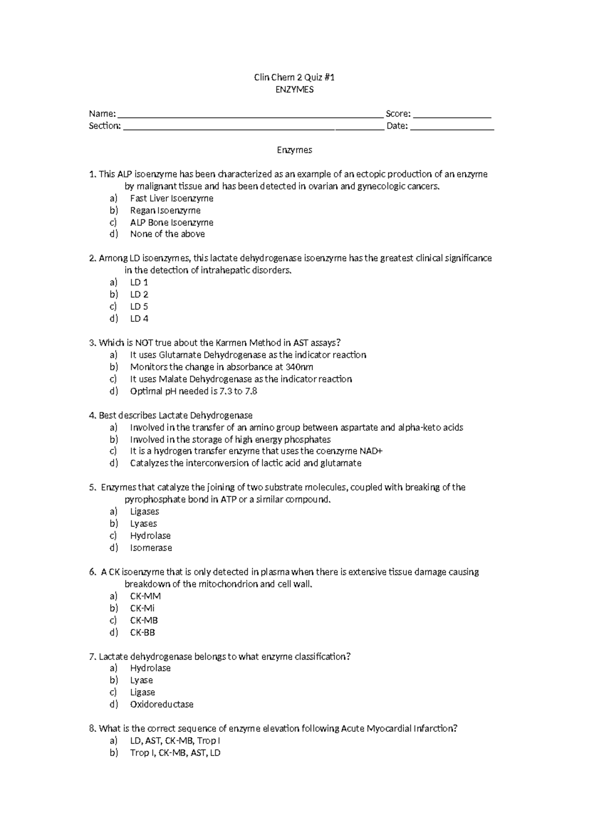 CC2 - Enzymes and Electrolytes Quiz Notes - Studocu
