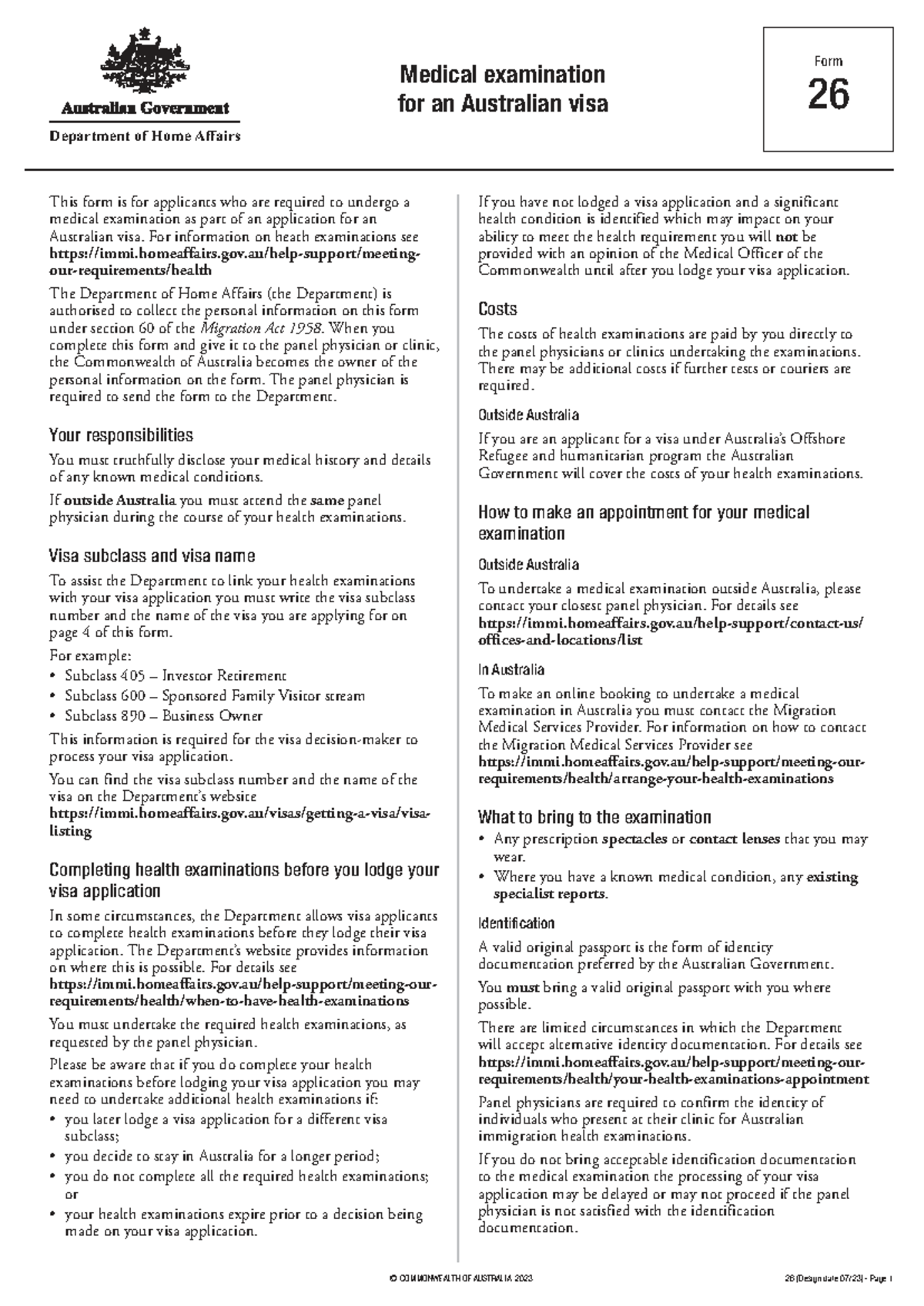 Medical Examination for Australian Visa - Form 26 Instructions - Studocu