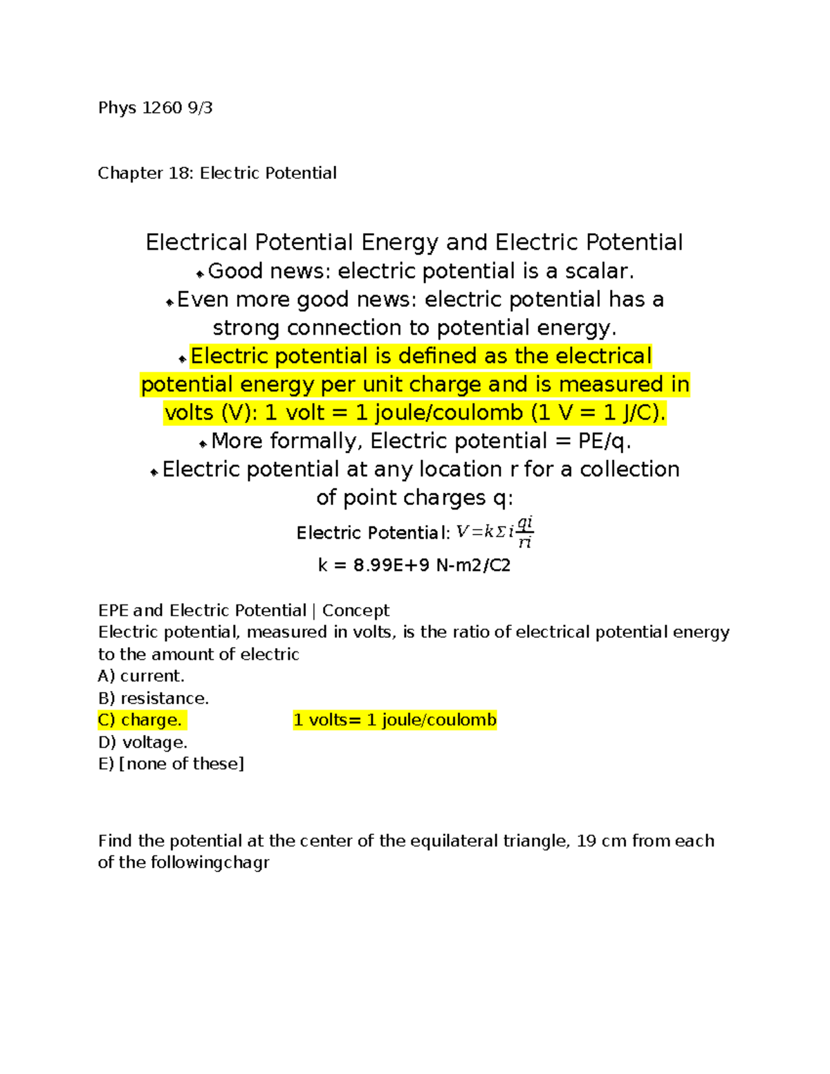Phys 1260 - notes - Phys 1260 9/ Chapter 18: Electric Potential ...