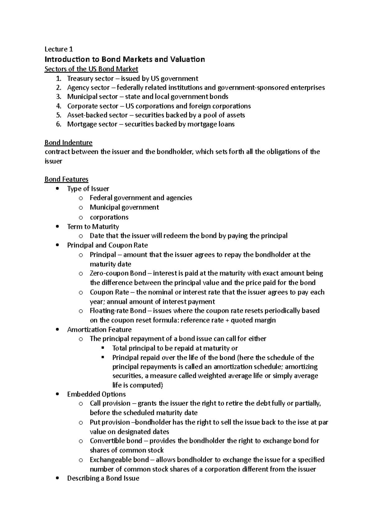 Lecture notes - Lecture 1 Introduction to Bond Markets and Valuation ...