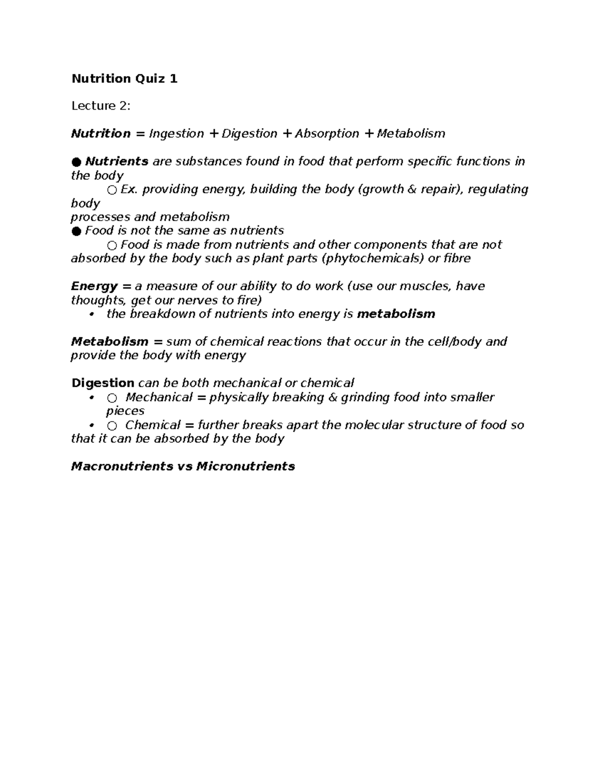 Nutrition Quiz 1 - Key Lecture Notes and Study Guide - Studocu