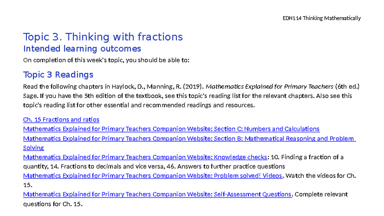 EDN114 Thinking Mathematically: Topic 3 - Understanding Fractions - Studocu