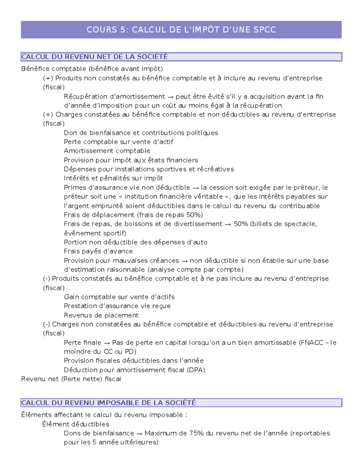 COURS 5: CALCUL DU REVENU NET ET IMPOSABLE DE LA SOCIÉTÉ - Studocu