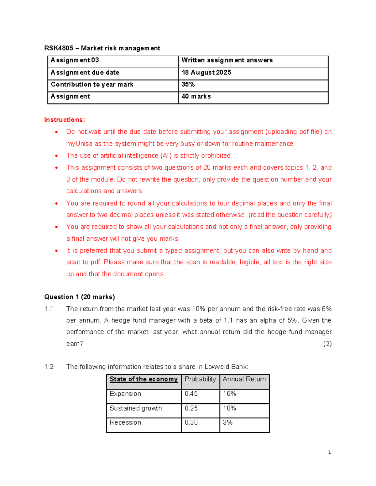 RSK4805 Market Risk Management Assignment 03 Answers (Due: 18 Aug 2025 ...