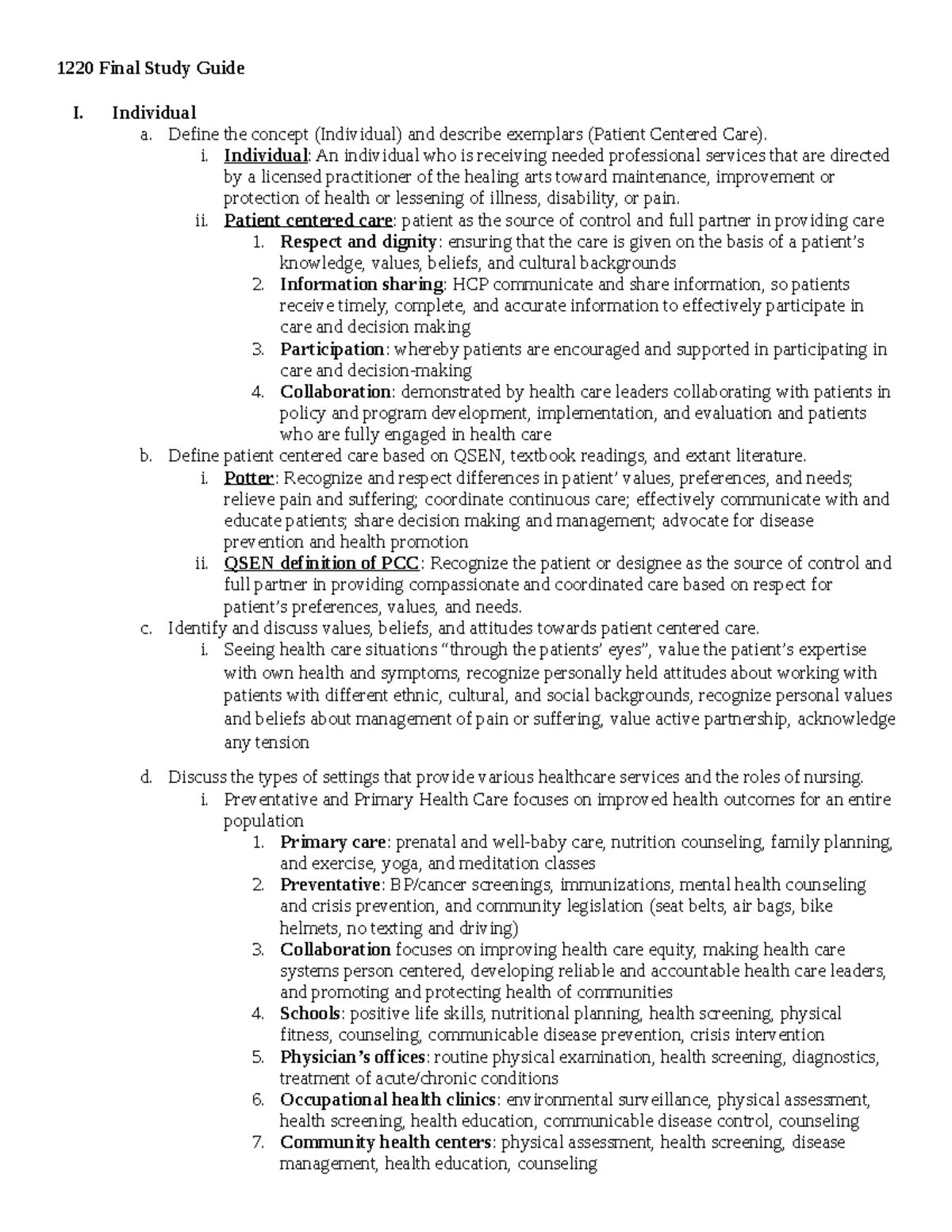 1220 Final Study Guide: Patient-Centered Care and Family Dynamics - Studocu