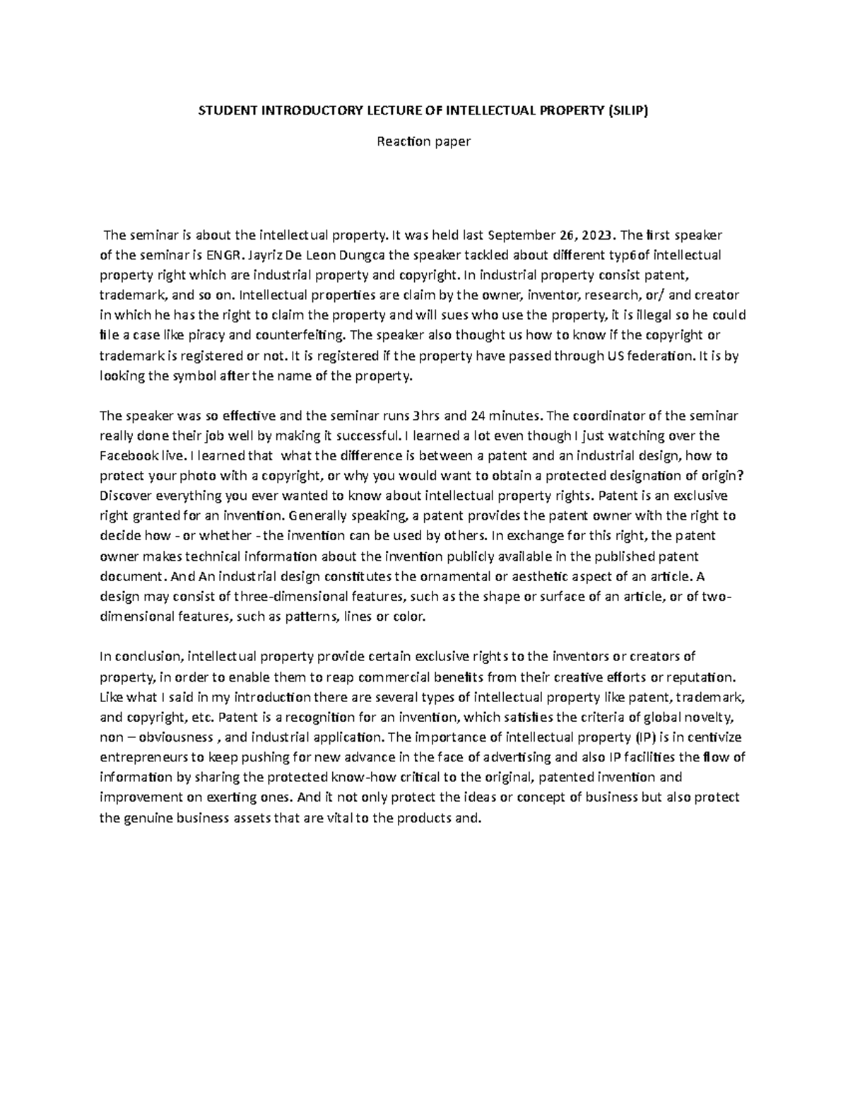 SILIP - Reaction Paper on Intellectual Property Seminar Insights - Studocu