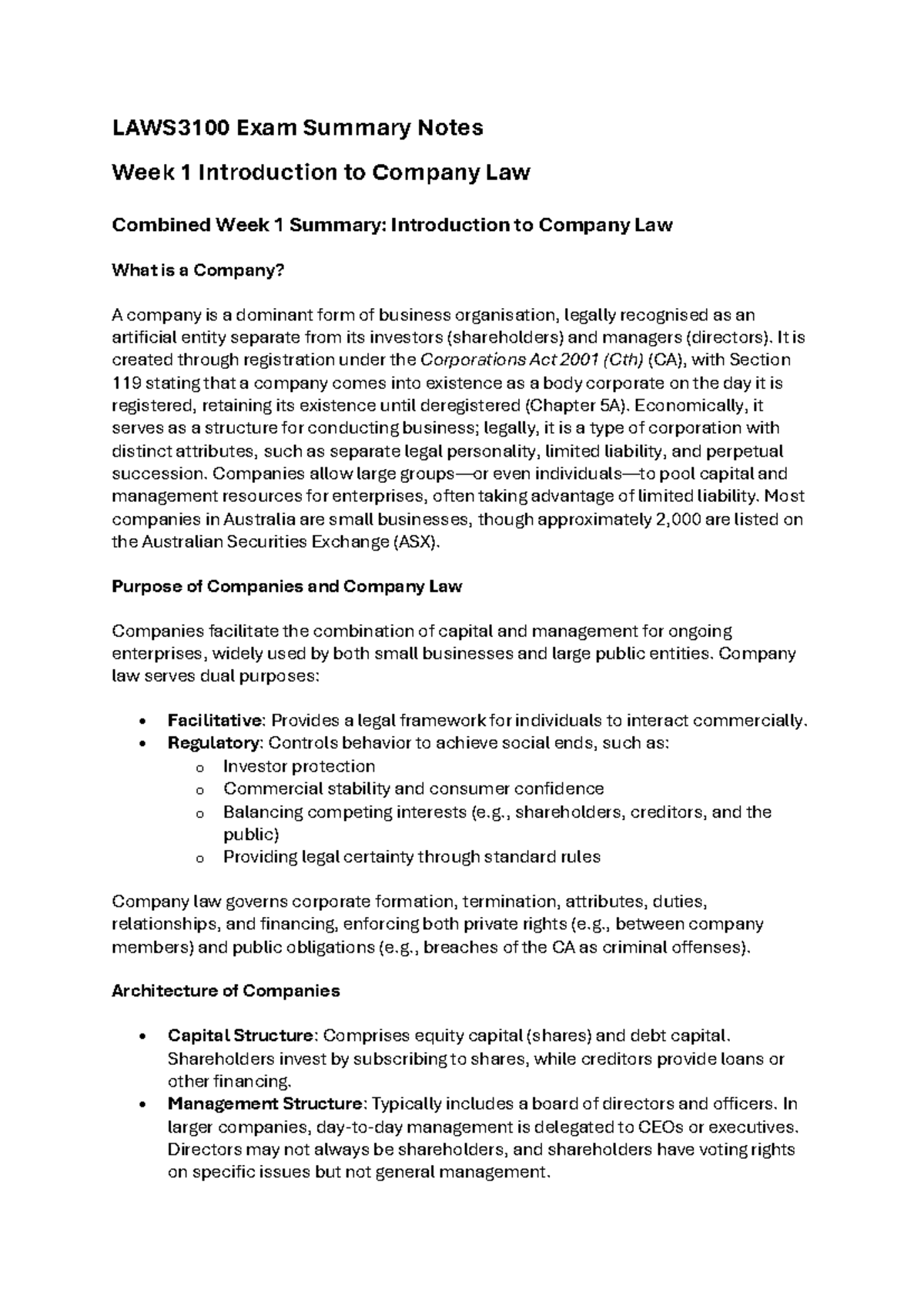 Laws3100 exam summary notes: week 1 introduction to company law - Studocu