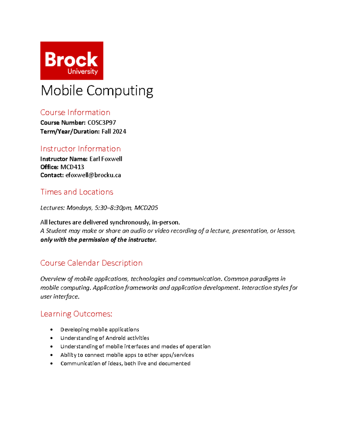 COSC-3P97 - Detailed Outline of Mobile Computing Course 2024 - Studocu