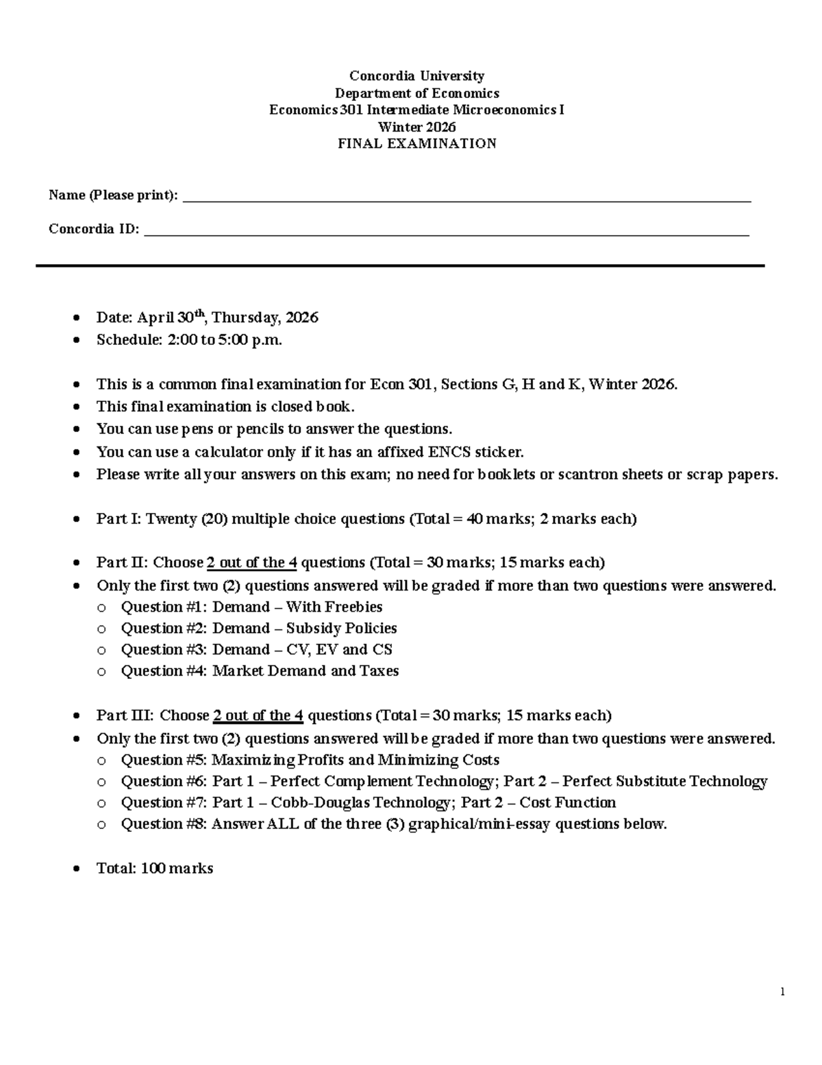 Econ 301 Winter 2026 Final Exam Cover Page - Studocu