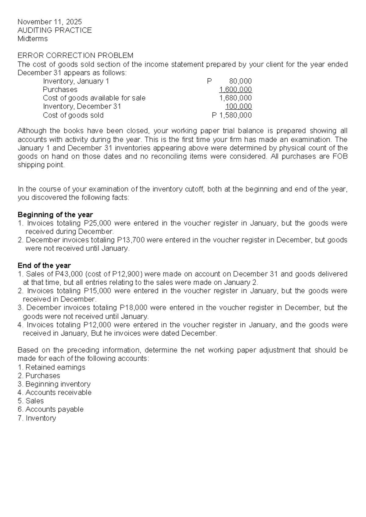 AUDITING PRACTICE 2025 Midterm Exam Error Correction Analysis - Studocu