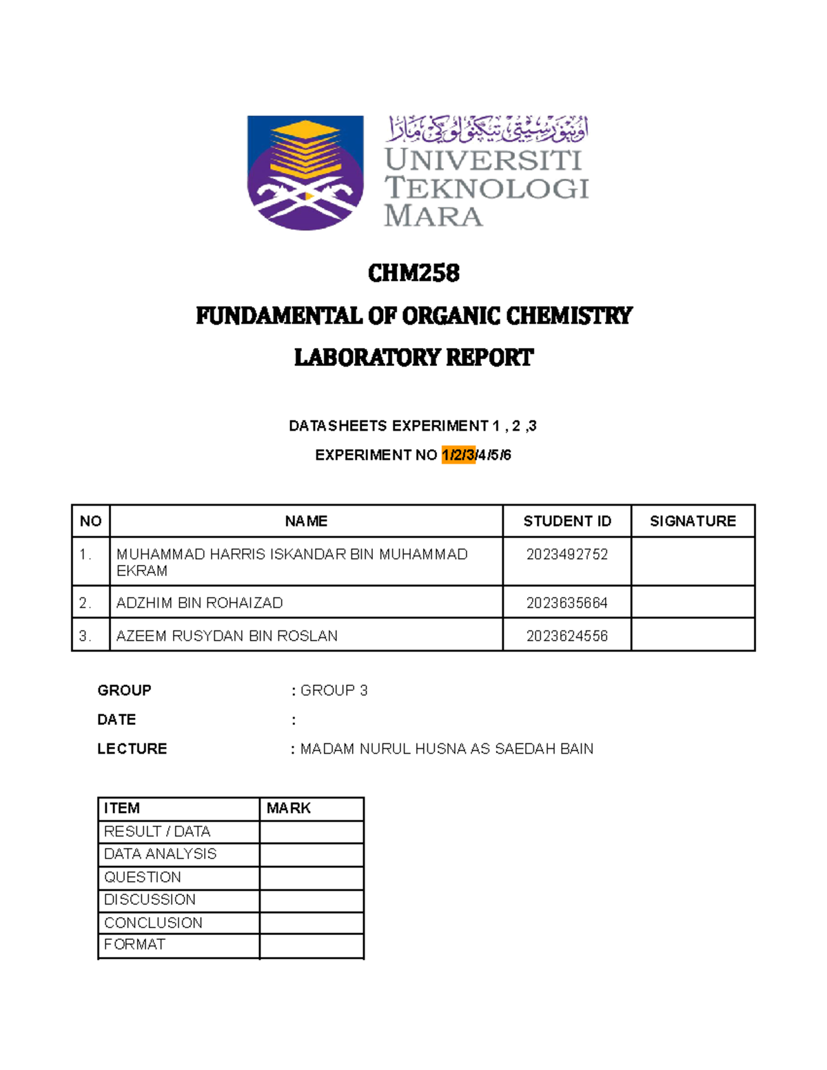 Front page CHM258 - CHM 258 FUNDAMENTAL OF ORGANIC CHEMISTRY LABORATORY ...