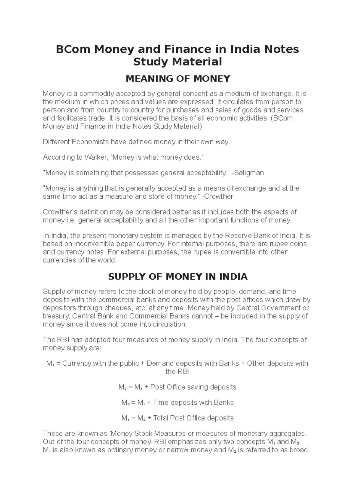 BCom Money and Finance in India: Comprehensive Study Notes - Studocu