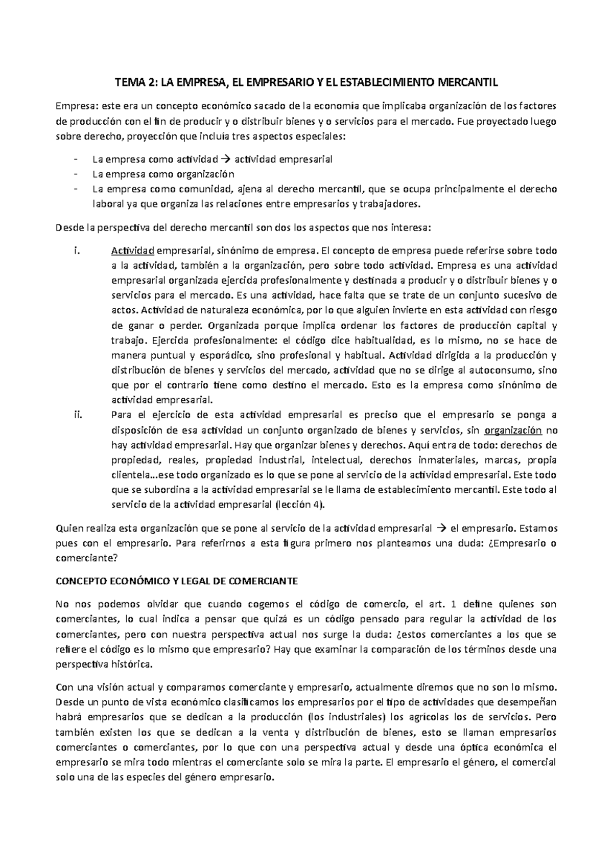 Tema 2 - La Empresa, El Empresario y El Establecimiento Mercantil en el Derecho - Document Preview
