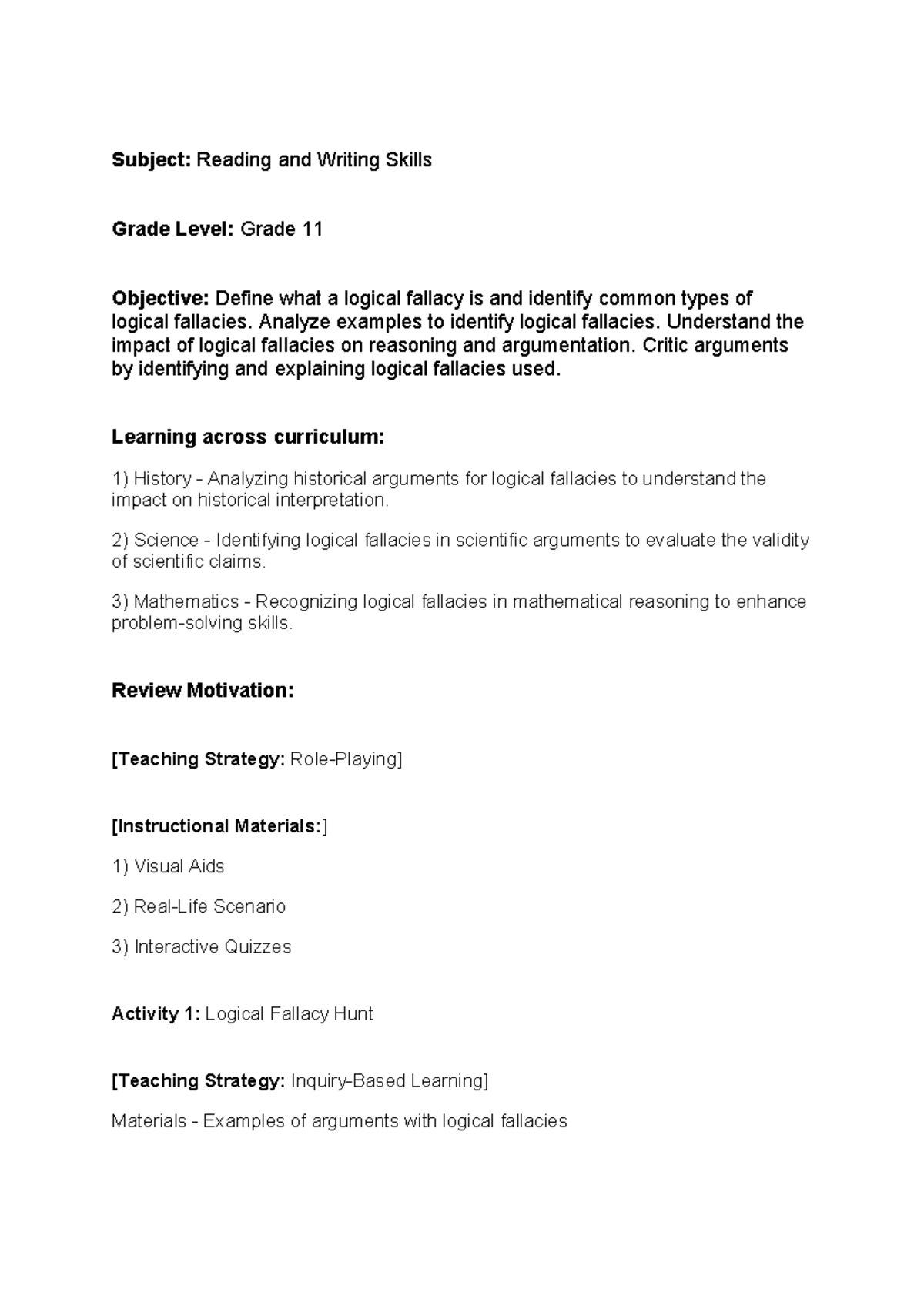 Lesson Plan: Understanding Logical Fallacies in Grade 11 English - Studocu