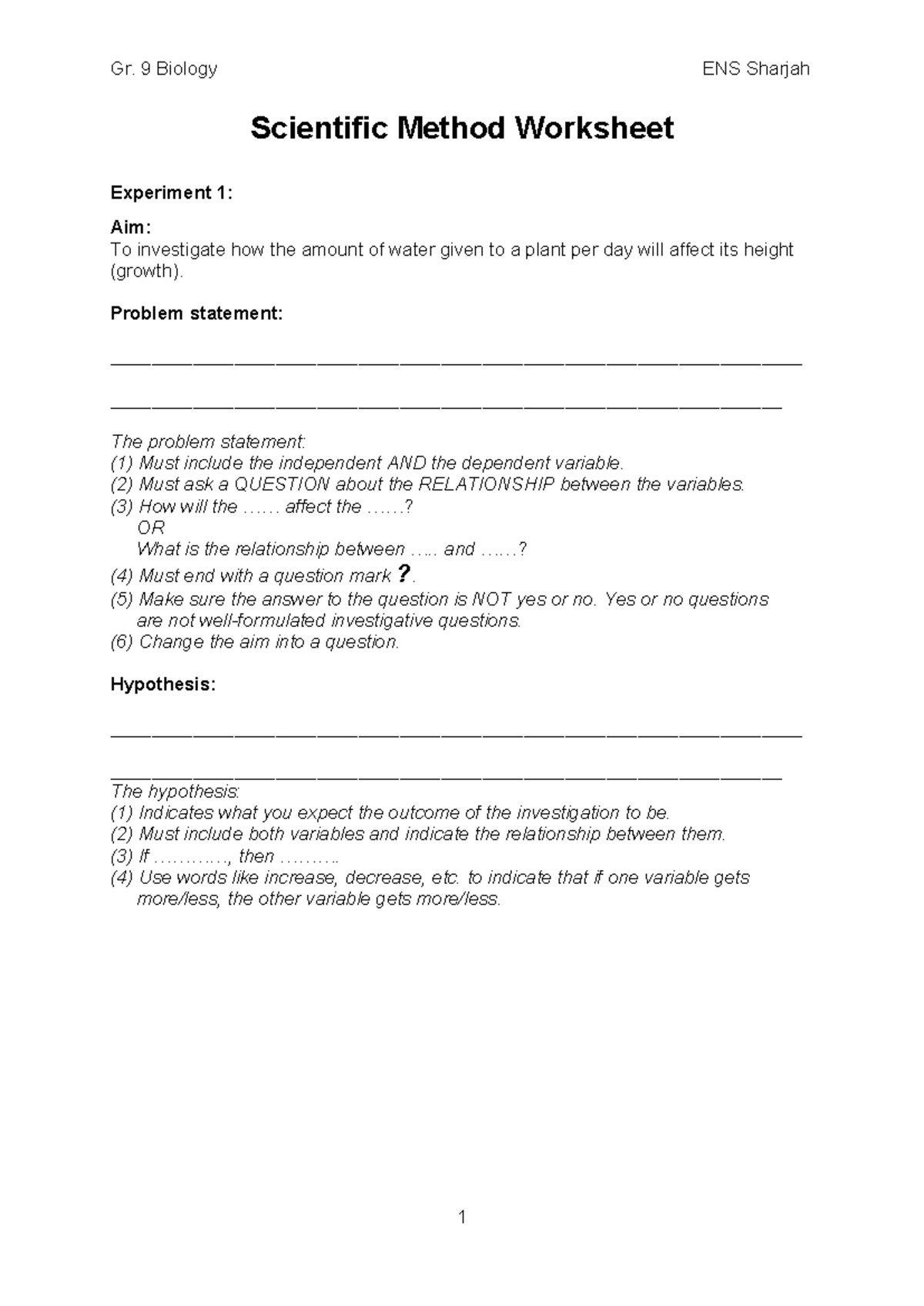 Gr 9 Biology Ens Sharjah Scientific Method Experiment 1 Worksheet