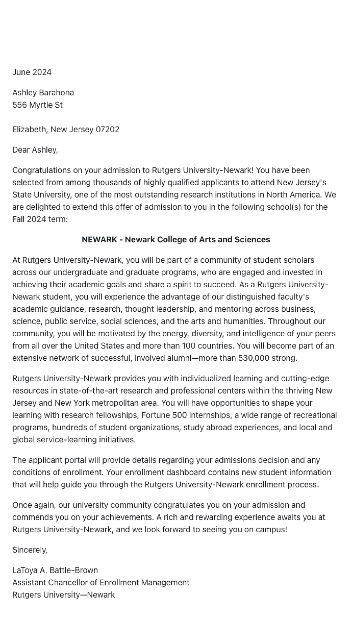 Rutgers Admission Congratulations Letter - Fall 2024 - Studocu
