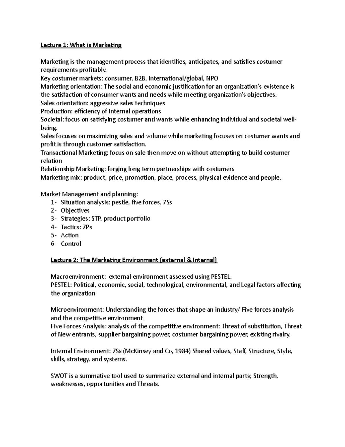 Marketing (MKTG) - Lecture Notes for All 11 Lectures and Key Concepts ...