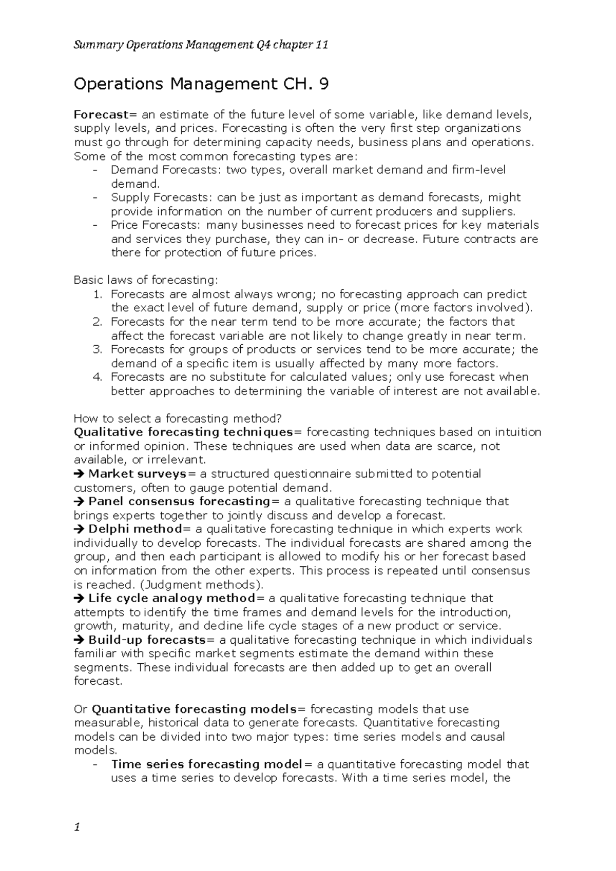 Operations Management Summary Q4: Forecasting & Inventory Management ...