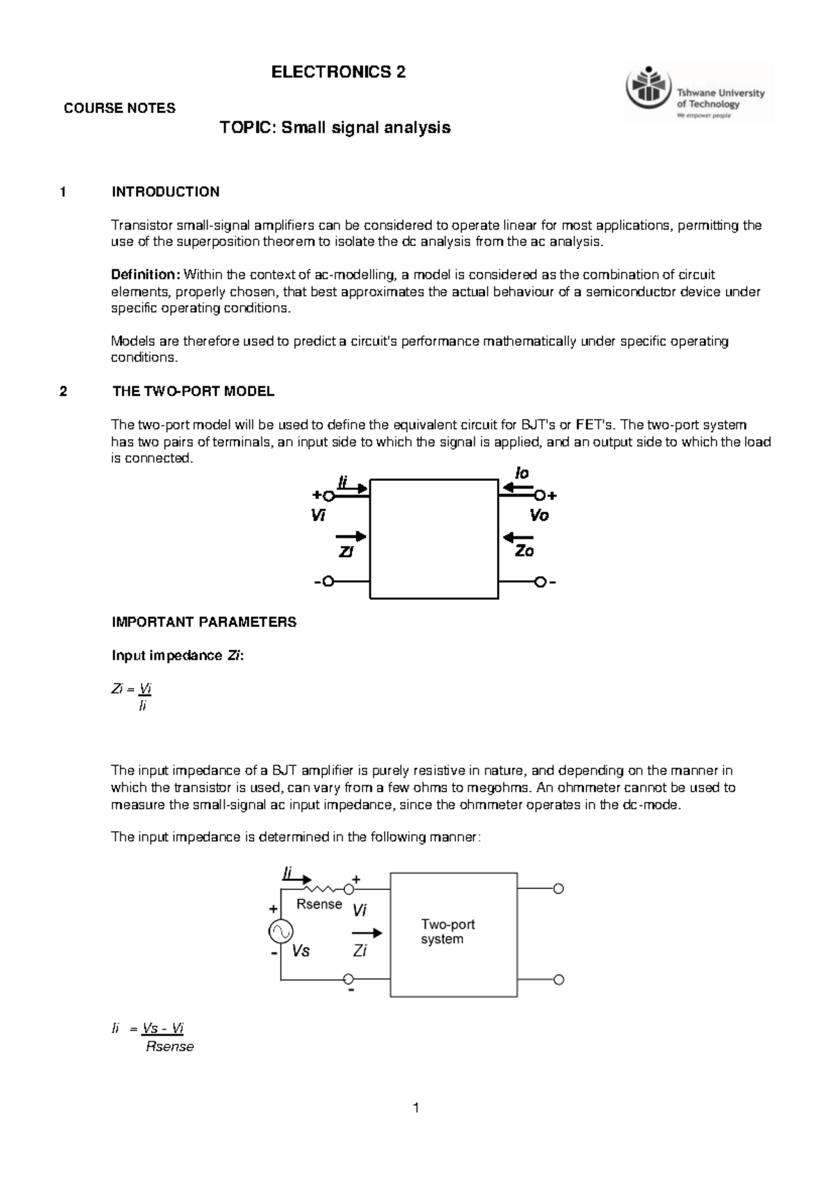 ELECTRONICS 2: Small Signal Analysis Course Notes - Studocu