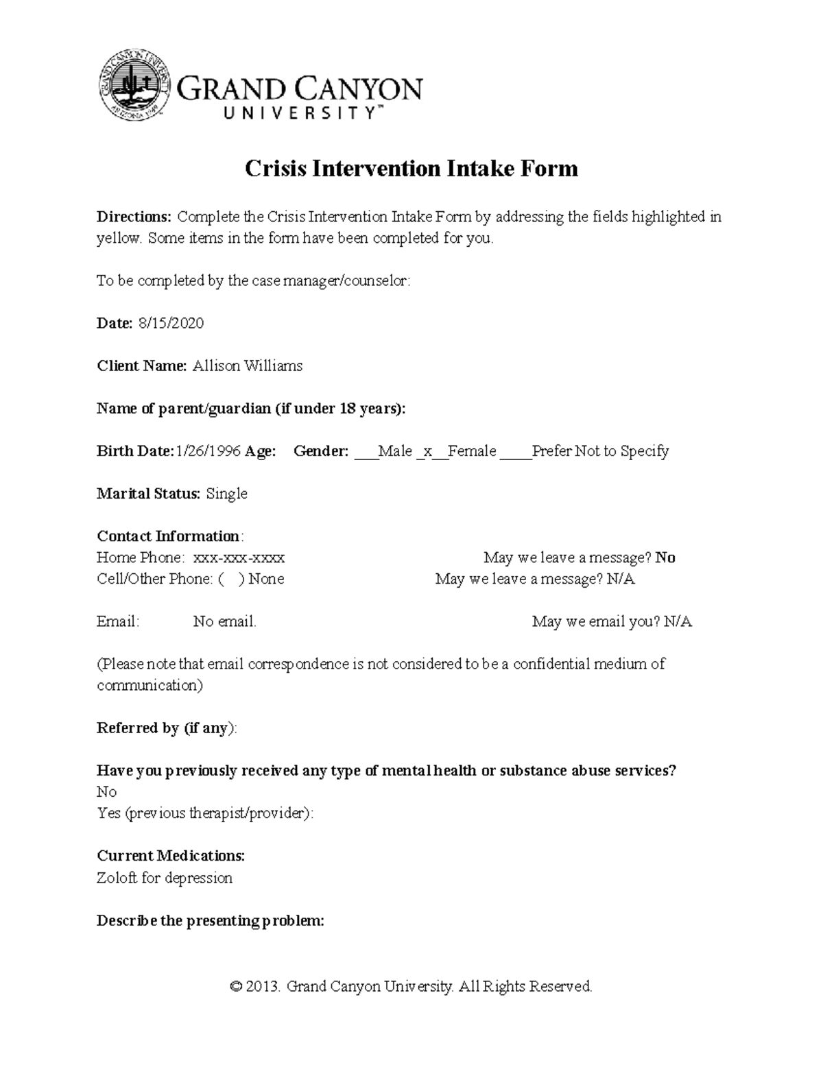 Crisis Intervention Intake Form for Client Allison W. - GCU Guidelines ...