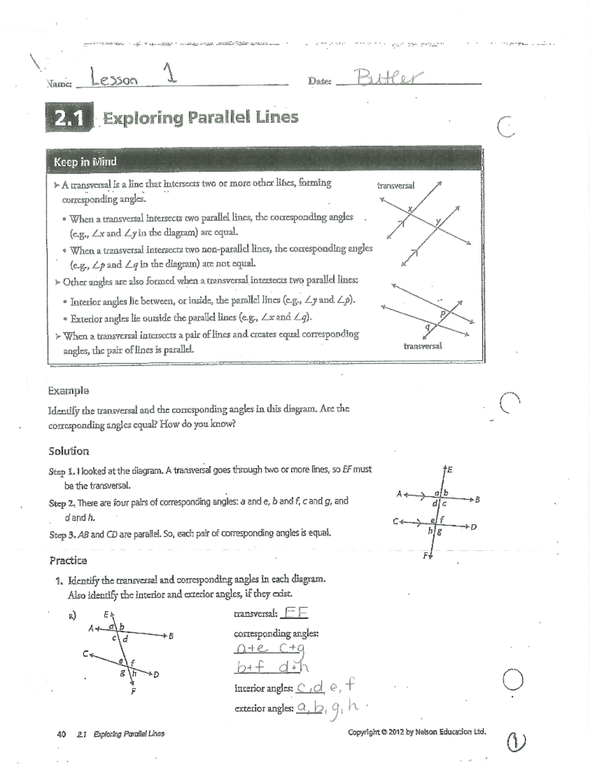 Teacher Homework Package - Lesson 1 Name: Date: Butler 2 Exploring ...