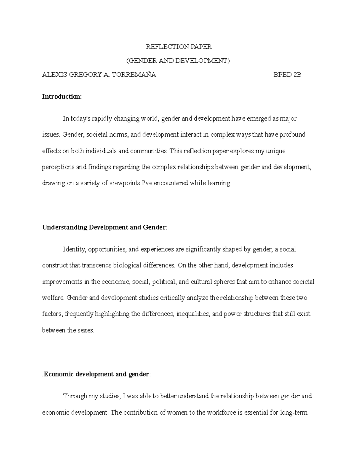 Reflection on Gender and Development - Essay by BPED 2B Student - Studocu