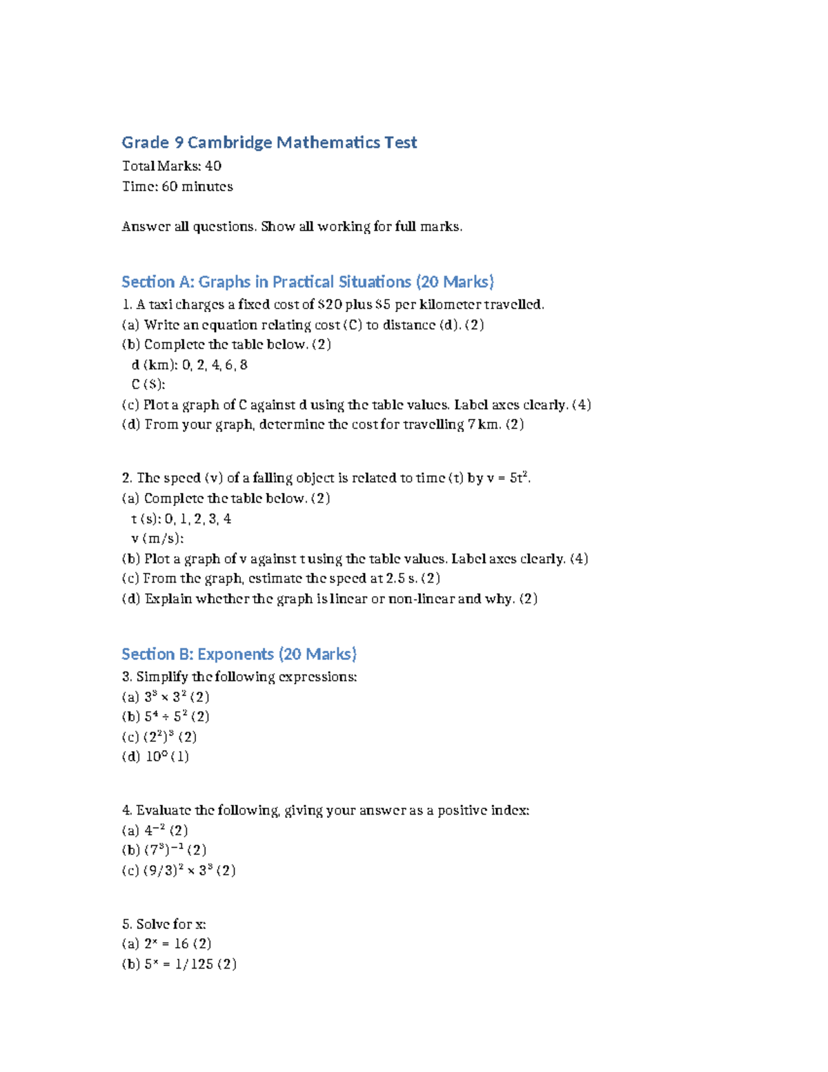 Grade 9 Cambridge Maths Test: Graphs & Exponents Exam - Studocu