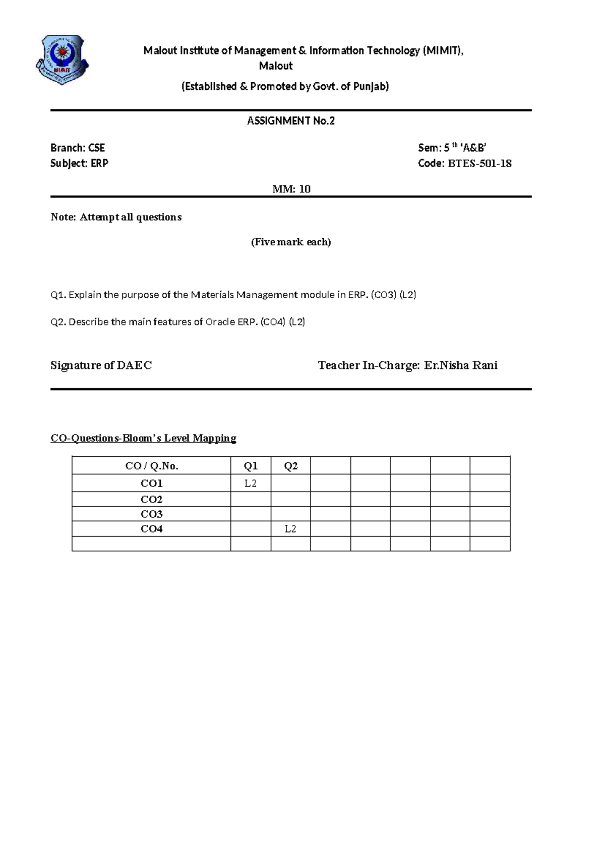 Assignment ERP - give me notes - Malout Institute of Management ...