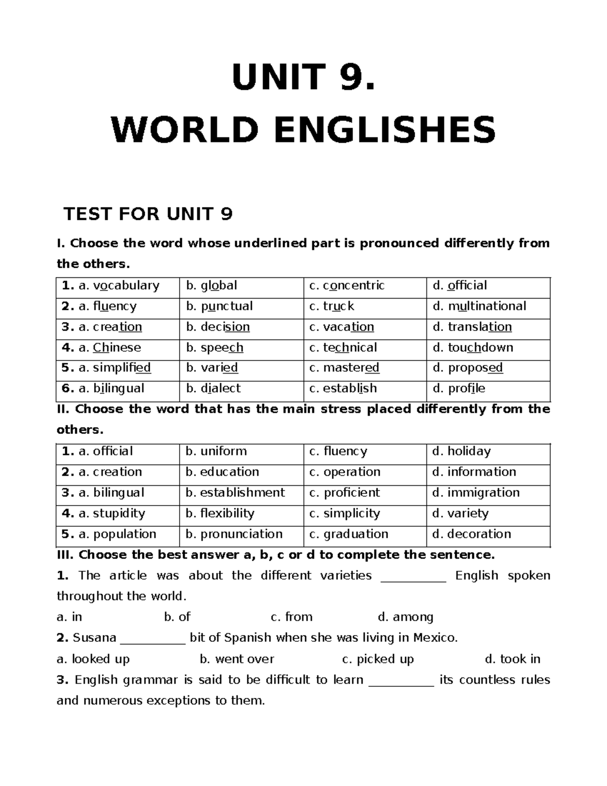UNIT 9. World Englishes Test & Exercises for Global Success 9 - Studocu