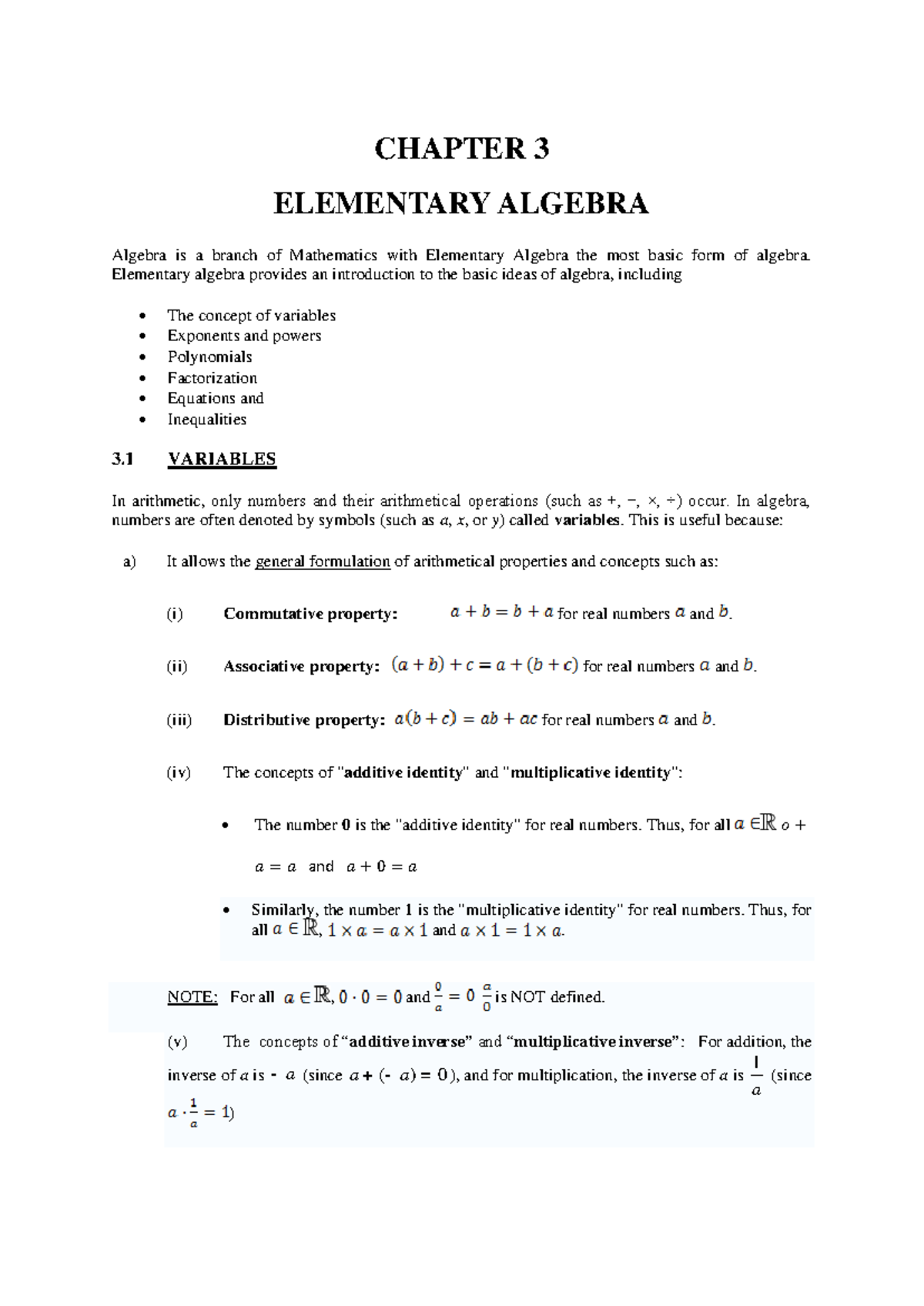 Chapter 3 in class - CHAPTER 3 ELEMENTARY ALGEBRA Algebra is a branch ...