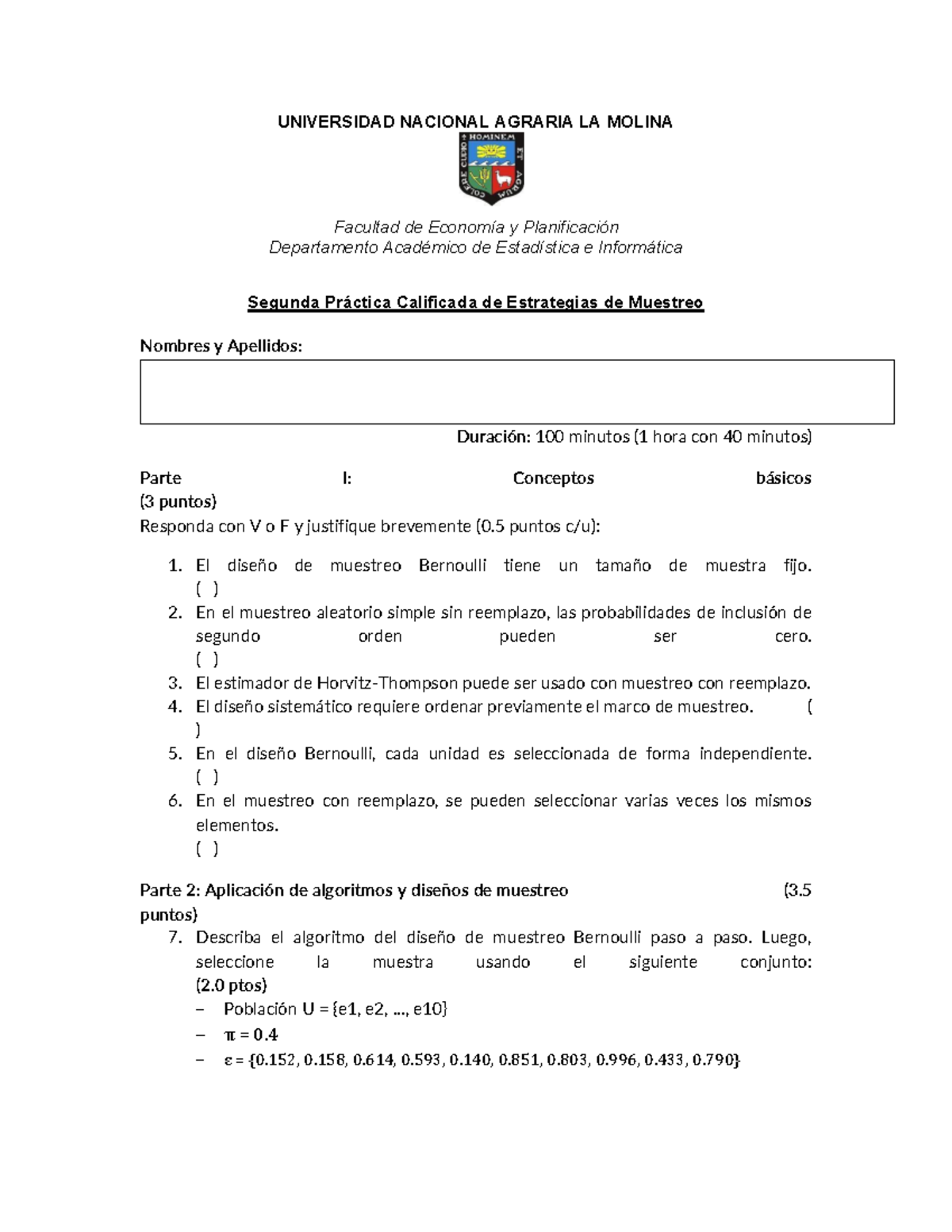 PC2 - Segunda Práctica Calificada de Estrategias de Muestreo - Studocu
