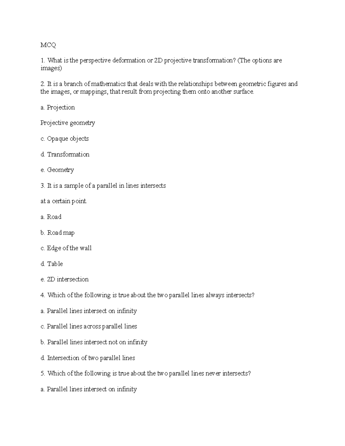 TQ - Geometry Test Questionnaire on Projective Transformation and ...