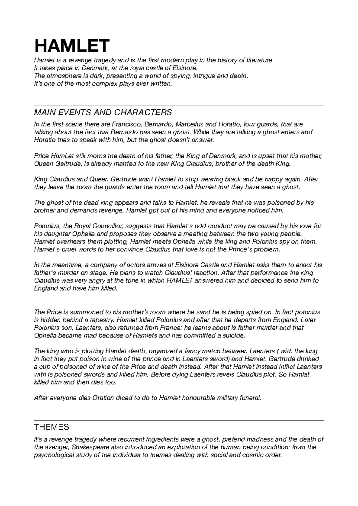 HAMLET (ENG101) Analysis of Themes and Main Events in Shakespeare's ...