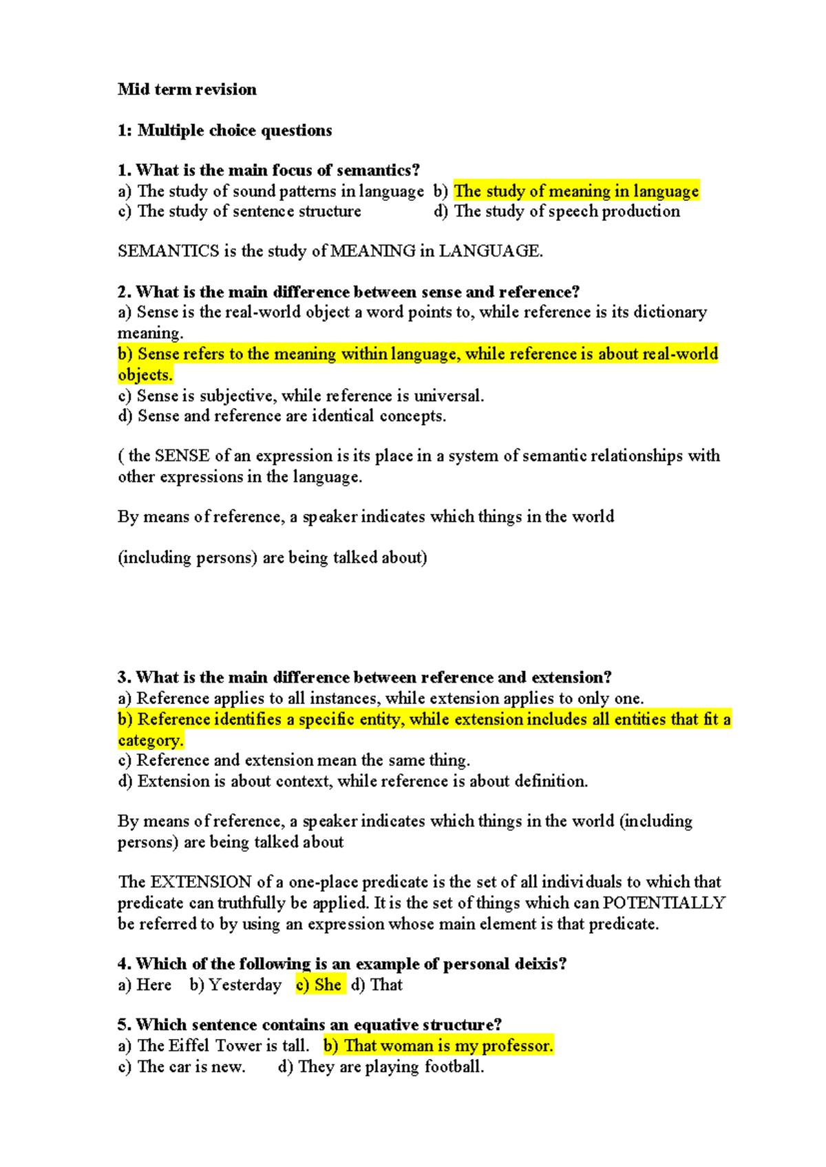 Midterm Revision 1: Key Concepts in Semantics MCQs - Studocu