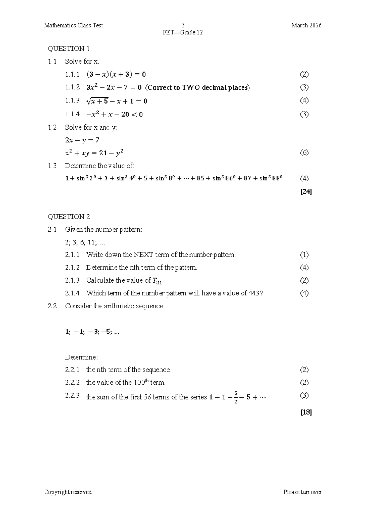 Mathematics Class Test 3 & 4 QP Grade 12 March 2026 - Studocu