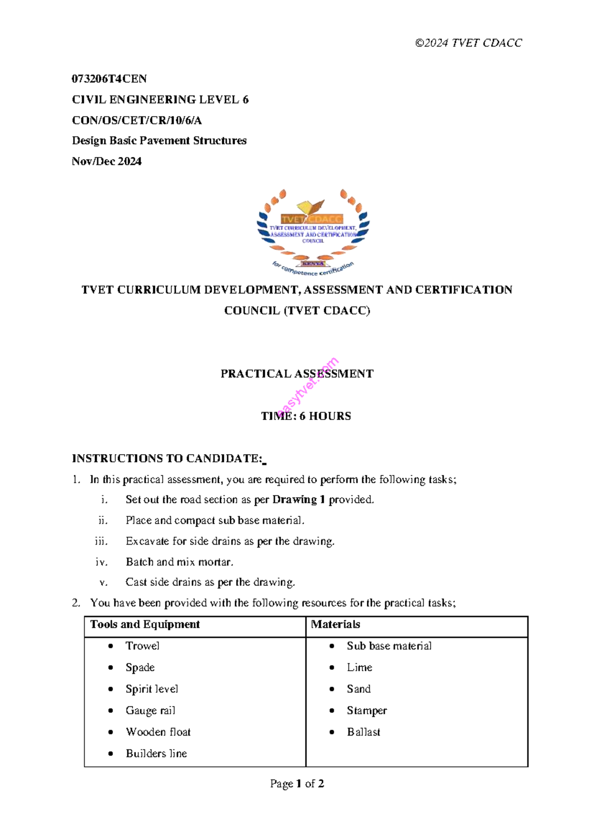 TVET CDACC 073206T4CEN Civil Engineering Level 6 Practical Assessment ...