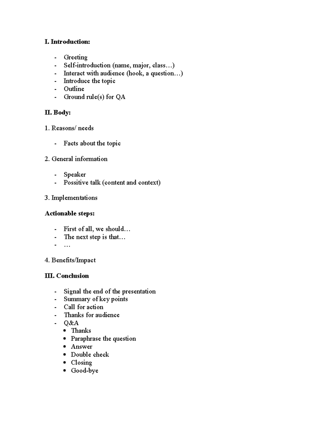 Final examination - I. Introduction: - Greeting - Self-introduction ...