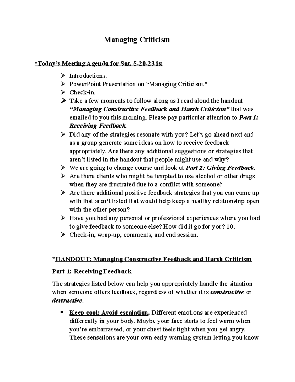Managing Constructive Feedback Handout for Effective Communication ...