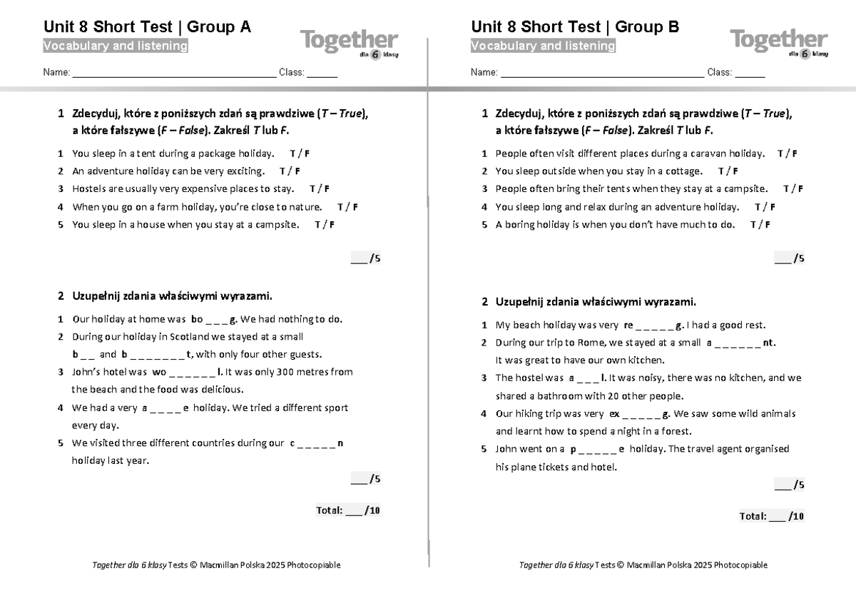 Together kl6 Short Test U8: Vocabulary & Listening AB - Studocu