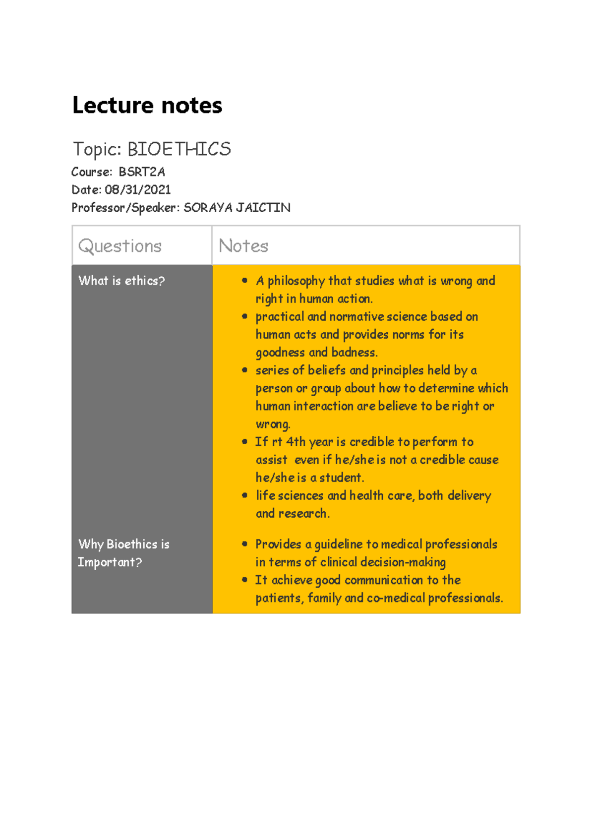 Bioethics Lecture Notes - BSRT2A - August 31, 2021 - Studocu