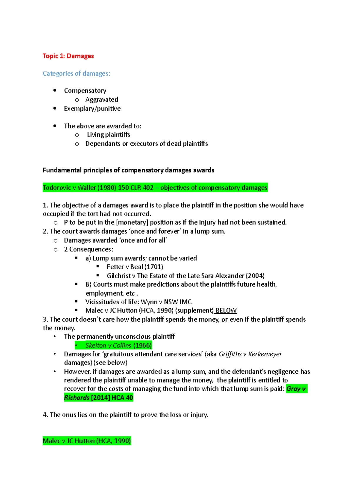 Lecture Summary notes Topic 2 - MLL213 Torts Law Lecture Notes – Topic ...