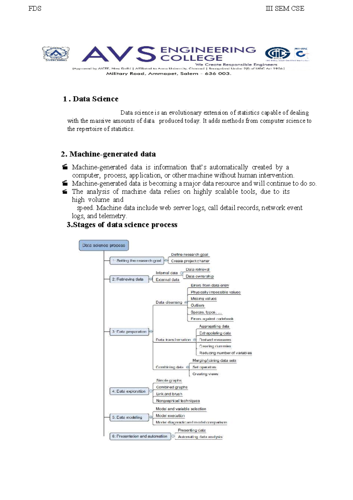 FDS SEM CSE 1: Comprehensive Overview of Data Science Concepts - Studocu
