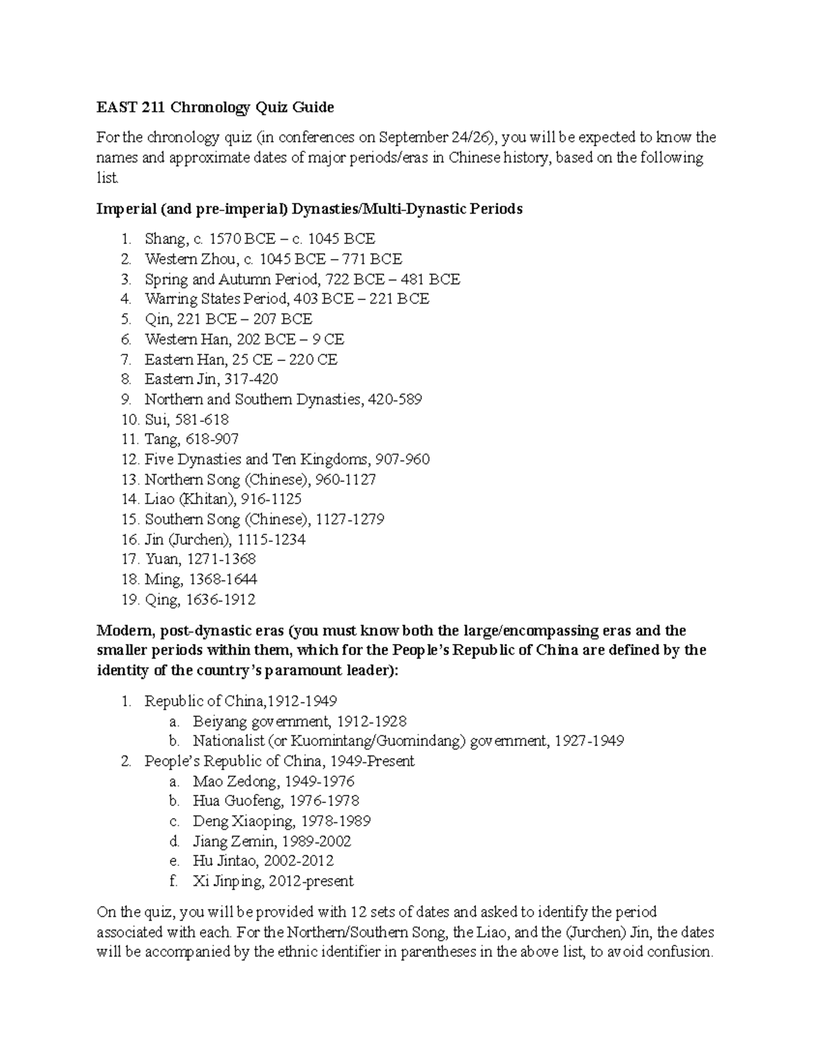 EAST 211 Chronology Quiz Study Guide: Key Chinese History Periods - Studocu