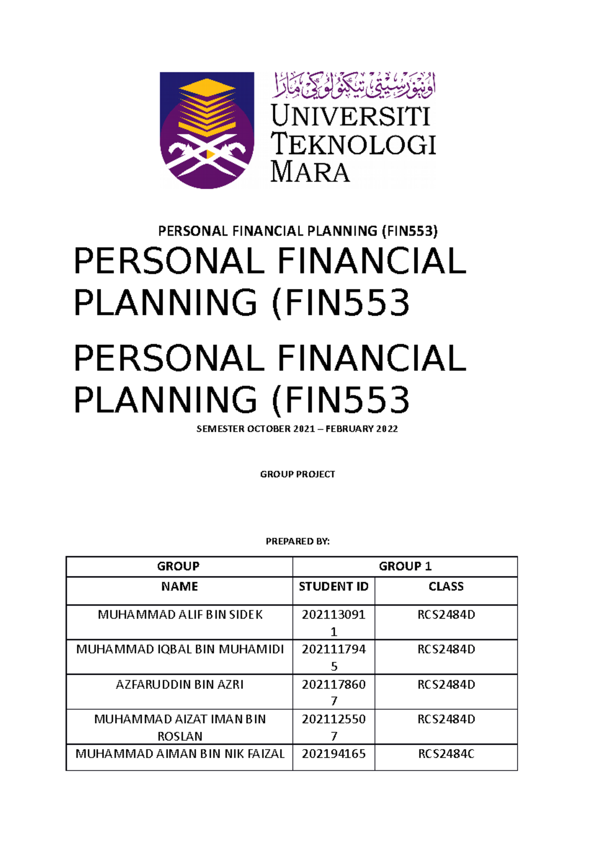 Group Project on Financial Planning Strategies for FIN533 - Studocu