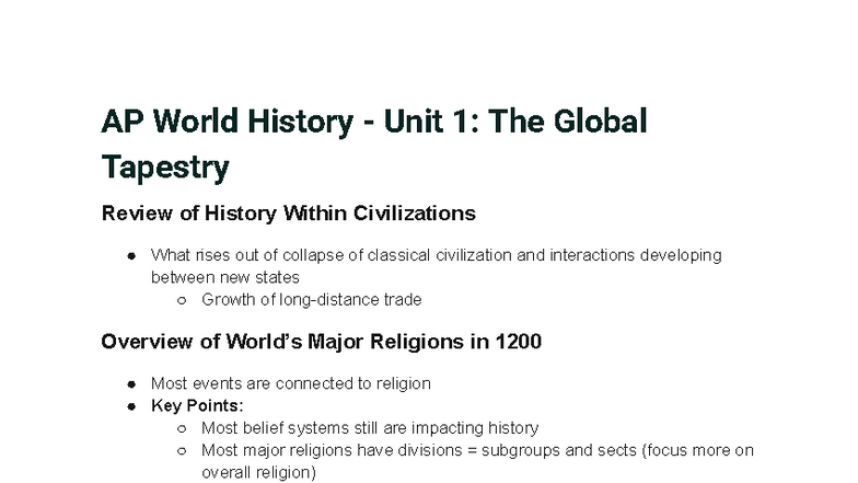 AP World History - Unit 1: The Global Tapestry Review Notes - Studocu
