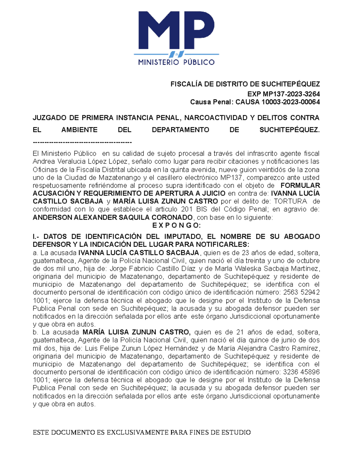Acusación MP137-2023: Tortura Caso 10003-2023 en Suchitepéquez - Document Preview