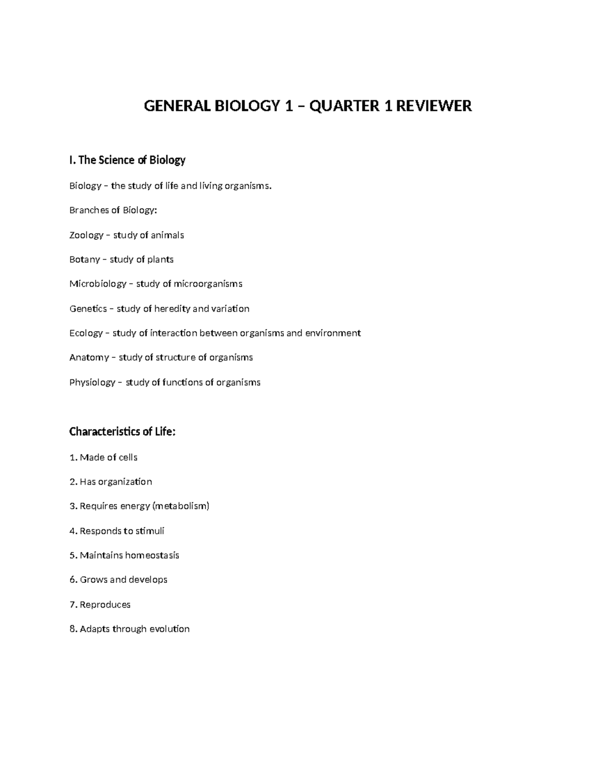 General Biology 1 Q1 Reviewer - Key Concepts & Notes - Studocu