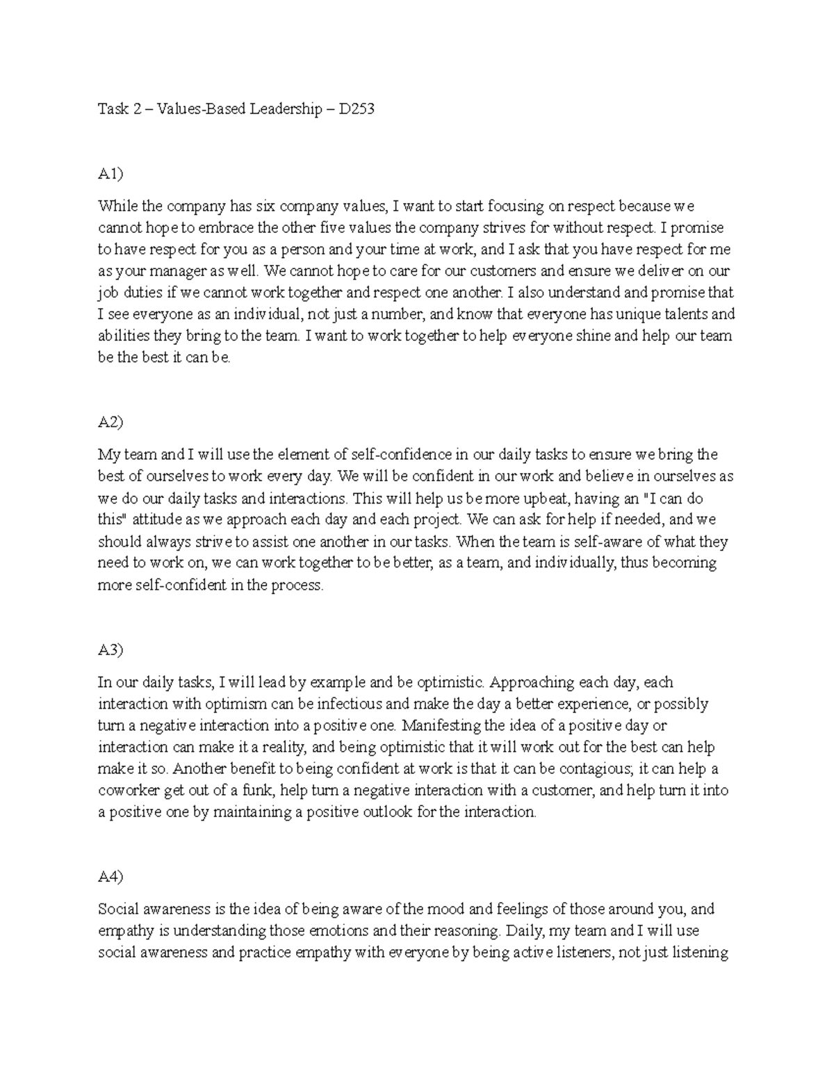 WGU D253 Values-Based Leadership Task 2 Analysis and Insights - Studocu